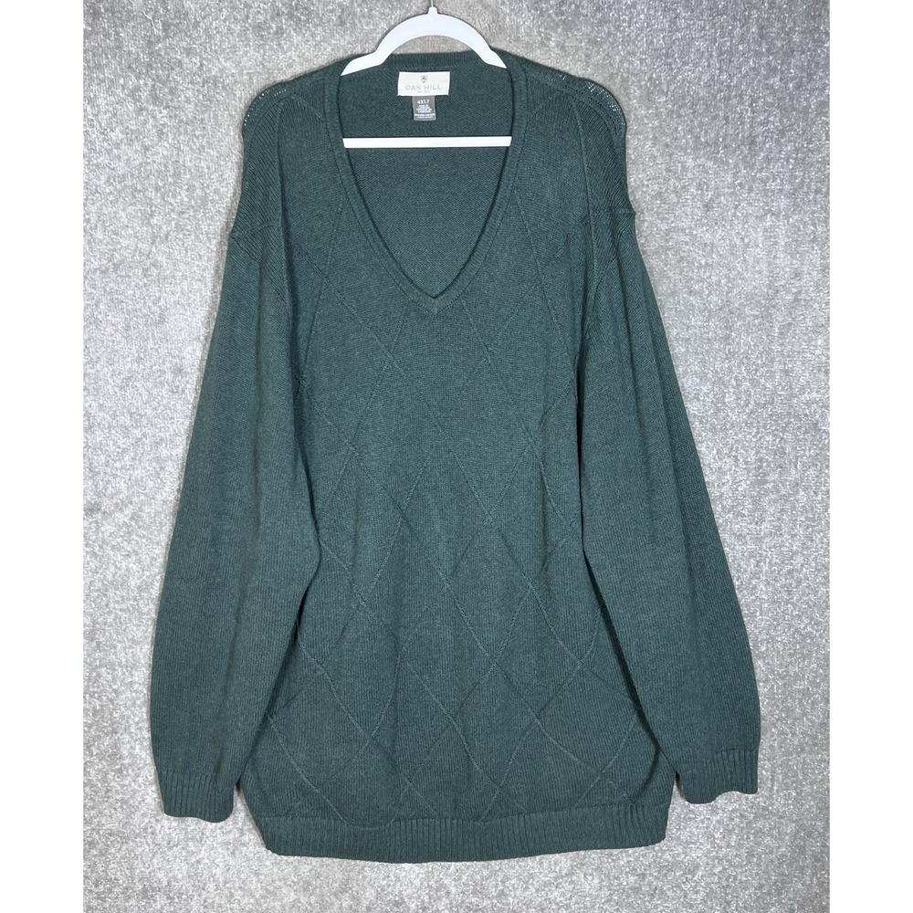 Oak Hill Sweater Mens Size 4XLT Green Cotton Argyle V-Neck Long Sleeve Pullover